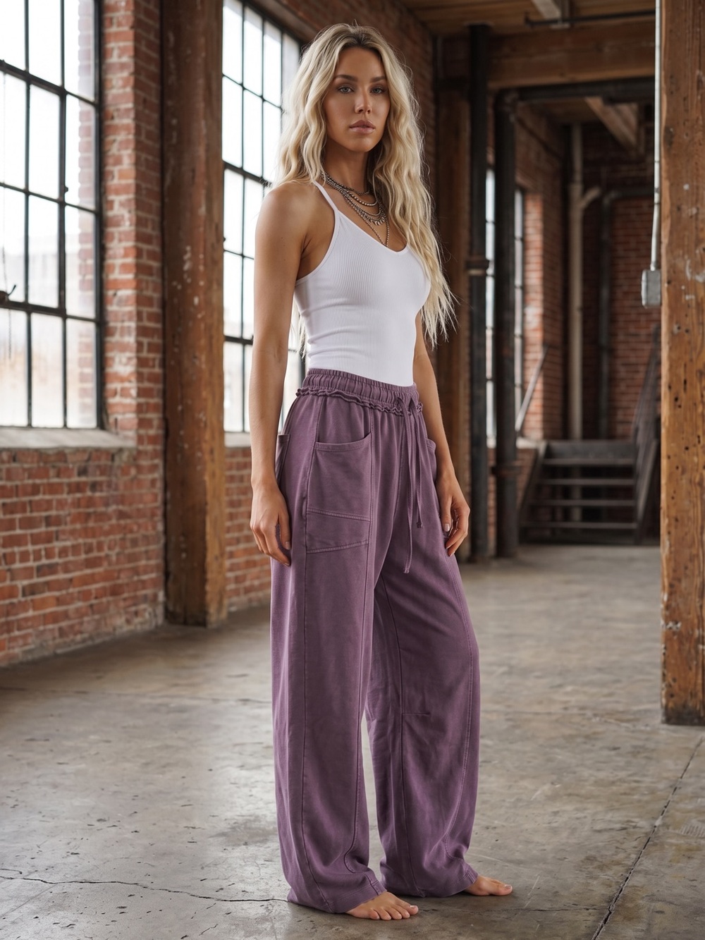 NWT Washed Barrel Drawstring Boho Sweats Sweatpants Relaxed Fit Pants Eggplant - Picture 10 of 11